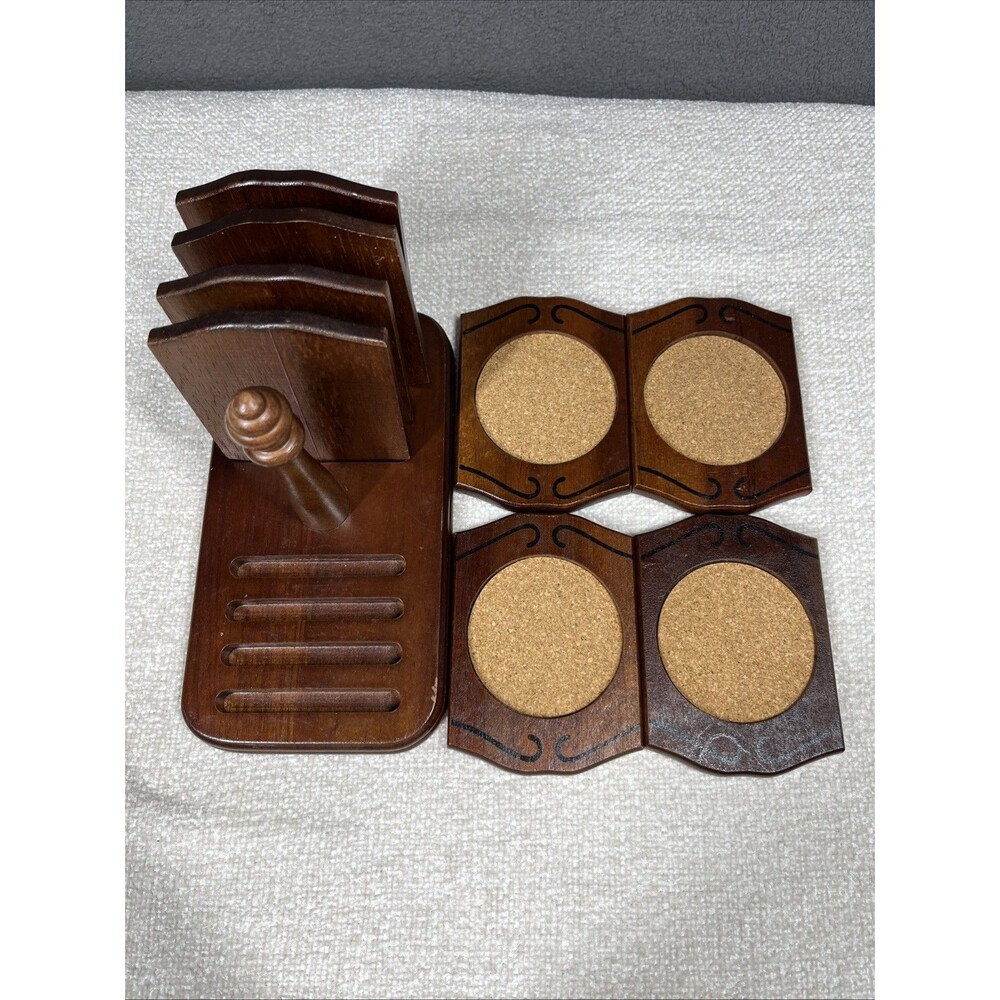 Vintage Japan 1950s Wooden 8 Coaster Set Stand Gail Craft Rare MCM Moody Barware - Picture 4 of 9